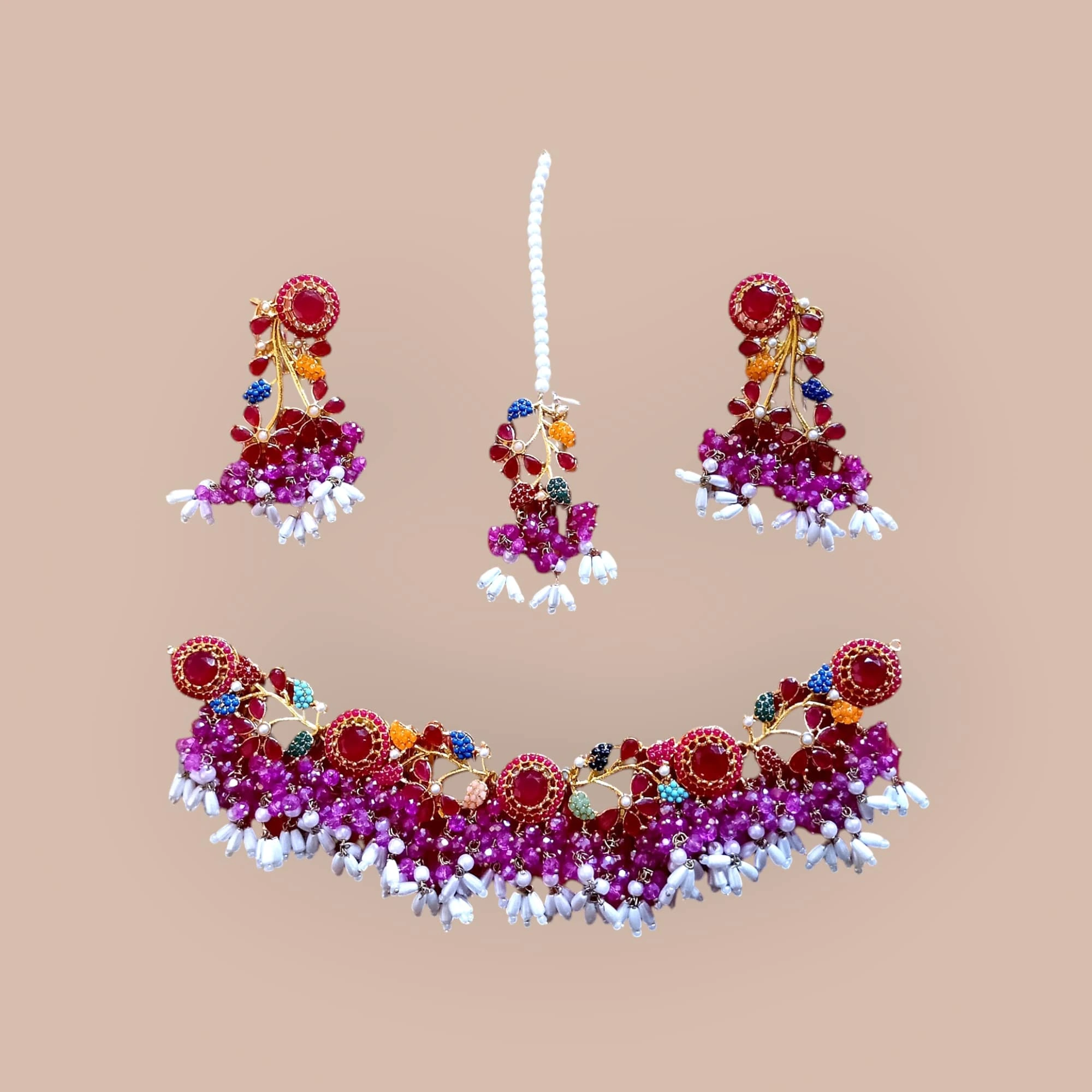 Buy multi colour jewellery set with necklace , earrings and tikka at best price in pakistan